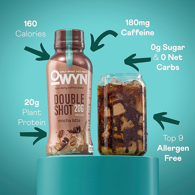 OWYN Only What You Need Double Shot Mocha Latte Flavored Protein Shake 20g Protein 0g Sugar 3g Fiber 180mg Caffeine Dairy Free Plant Based Protein Drink 12 Count