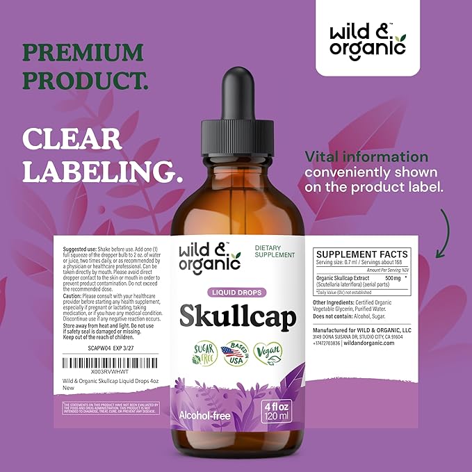 Wild &amp Organic Skullcap Herb Tincture - Skullcap Supplement for Mood Support - Relaxing Liquid Extract Drops - Vegan Sugar &amp Alcohol-Free - 4 fl oz
