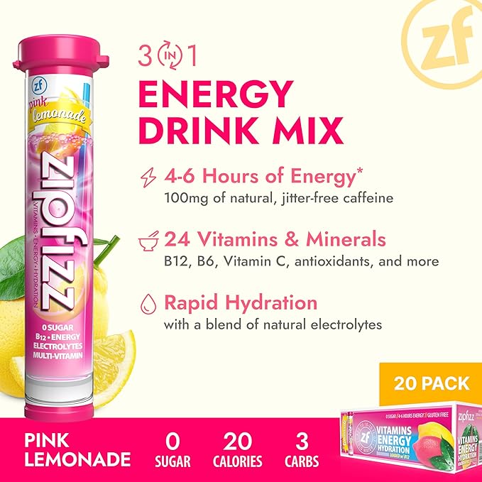 Zipfizz Daily Energy Drink Powder Pink Lemonade 20 Pack | 3-in-1 Sustained Energy Rapid Hydration and Essential Vitamins | Sugar-Free | Electrolyte Powder | Contains Vitamin B-12 &amp Antioxidant