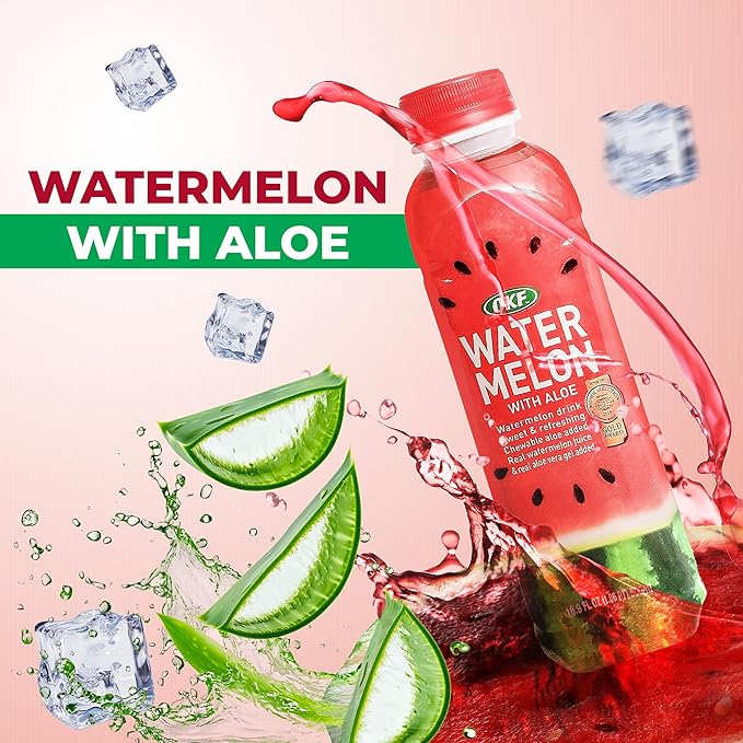 OKF Aloe Vera Juice Drink Watermelon Pure with Chunks of Aloe Original 16.9 Fl Oz (Pack of 20) No Preservatives No Artificial Color Plant Based Korean Drinks