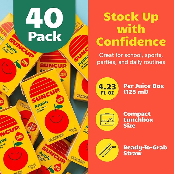 SunCup 100% Juice Boxes for Kids | No Added Sugar No Dyes No Preservatives | Trusted in Schools Across 49 States | Bulk Pack with Straw | 4.23 oz (40 Pack) Apple