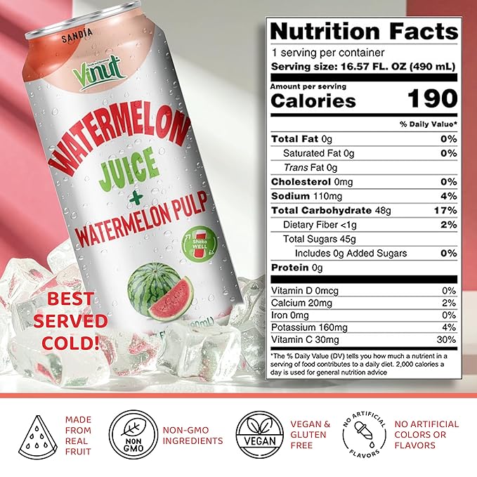 Vinut Natural Watermelon Juice Drink with Pulp (16.57 fl oz Pack of 24) Real Watermelon Juice No Sugar Added Gluten Free GMO-Free