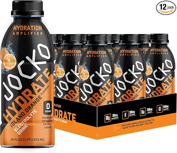 Jocko Fuel Hydrate Electrolyte Drinks - Sports Drink Hydration Amplifier Thirst Quencher - Scientifically Formulated Electrolyte Blend Island Orange Flavor 16 Oz (12 Pack)
