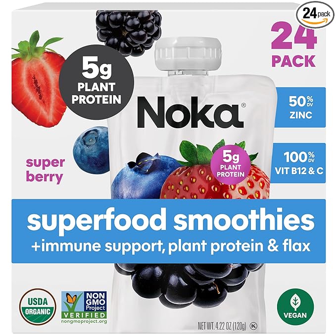 Noka Superfood Fruit Smoothie Pouches Super Berry Healthy Snacks with Flax Seed Prebiotic Fiber and Plant Protein Vegan and Gluten Free Organic Squeeze Pouch 4.22 oz 24 Count