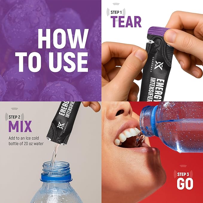 CardoMax - Energy Drink Packets - Liquid Preworkout for Men &amp Women Caffeine Packets with BCAA Vitamin B12 Vitamin B6 &amp B3 - Sugar-Free Zero Calorie Vegan &amp Keto - 15 Stick Packs - Gra