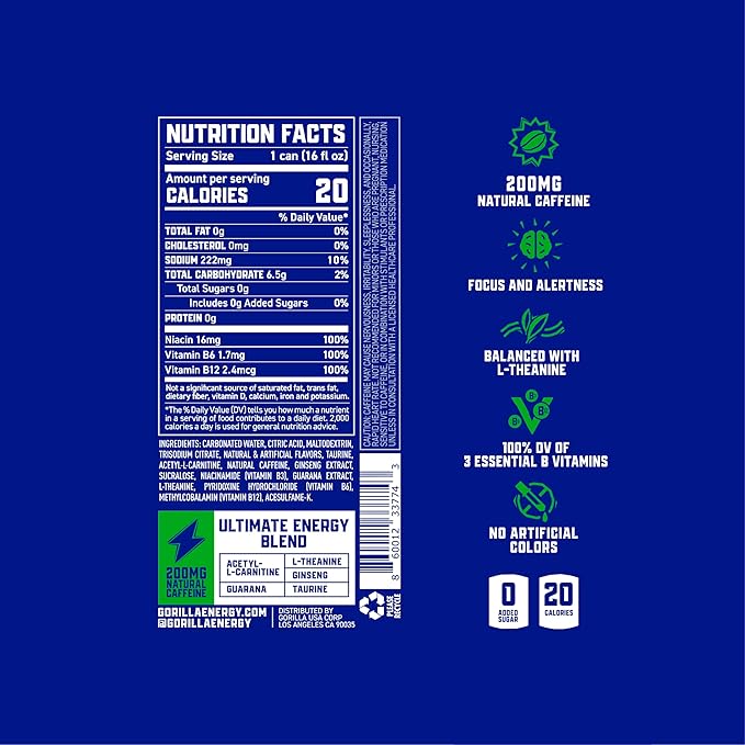Gorilla Energy Drink Kiwi Strawberry &amp Ultimate 200mg Natural Caffeine Real Fruit Juice Squeezed &amp Concentrated No Added Sugar and No Artificial Colors 24 Cans