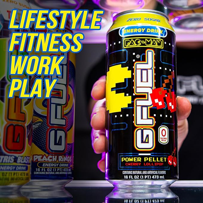 G Fuel Energy Drink Cherry Lollipop Sugar Free Beverage with 140mg Caffeine Daily Energy Boost with Focus Amino Vitamin + Antioxidants 16 oz Cans (Pac-Man Power Pellet 12-Pack)
