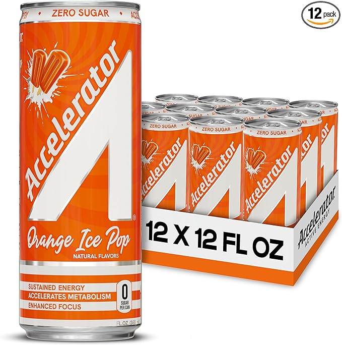 Accelerator Energy Drink Orange Ice Pop 12oz can (12 pack) Zero Sugar Sustained Energy from 100% Natural Caffeine (200mg from Green Coffee Bean &amp Green Tea extract)