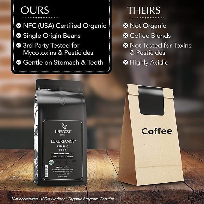 Lifeboost Organic Espresso Whole Bean Coffee - Low Acid Espresso Coffee Non-GMO USDA Organic Single Origin Third-Party Tested for Mycotoxins &amp Pesticides - 12 oz Pack of 3