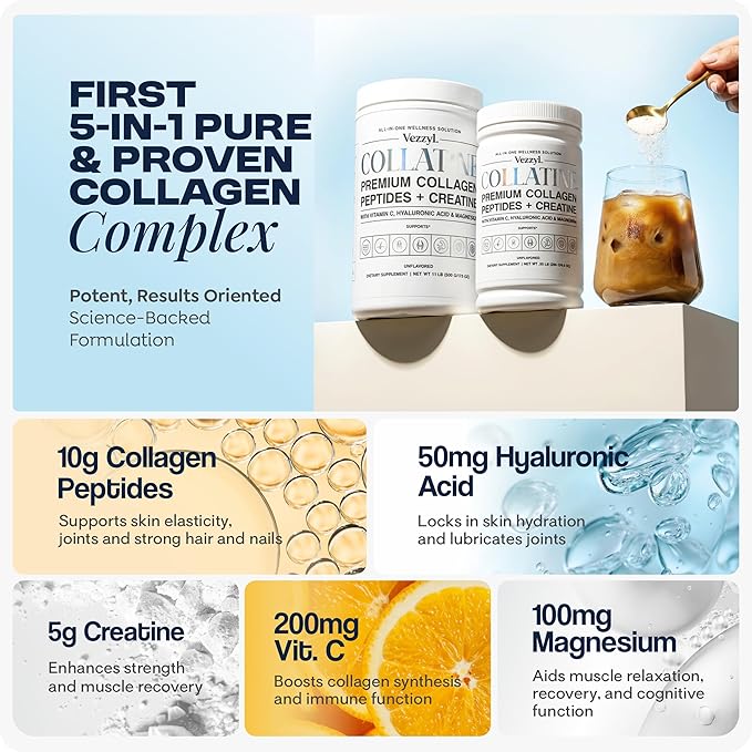 Collatine - Premium Collagen Peptides + Creatine with Vitamin C Hyaluronic Acid and Magnesium for Skin Hair Nails Bone &amp Joint Muscle Immune and Cognitive Aid (.55 LB (250 G/8.8 OZ)
