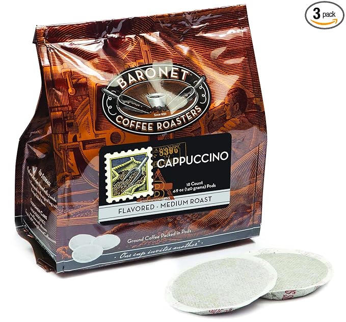 Baronet Coffee Pods [Cappuchino -54 Pods] Single Cup Use for Senseo Machine - 3 Bags of 18 Single Serve 8 Gram Regular Strength Medium Roast [Cappuchino]