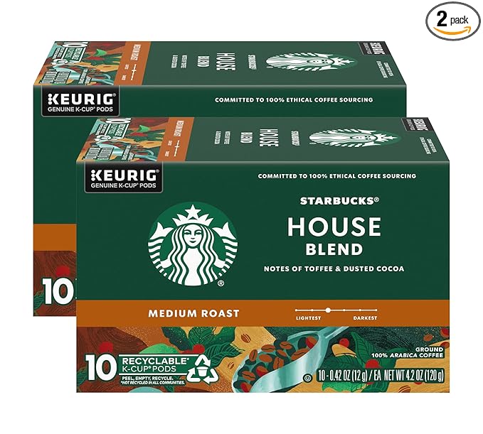 Starbucks House Blend Coffee K-Cup Pods Medium Roast Arabica Coffee 10 Count (Pack of 2 Boxes)