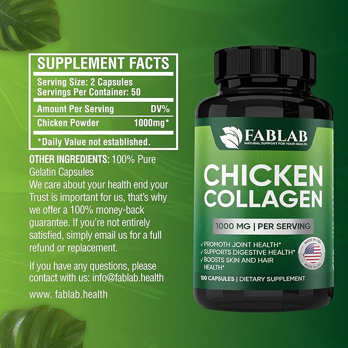 FabLab Chicken Sternum Cartilage Type II Collagen Capsules - Nutritional Supplement for Joints-1000mg per Serving - Non-GMO Anti-Aging Dietary Product with Hydrolyzed Peptides- 100 Capsules