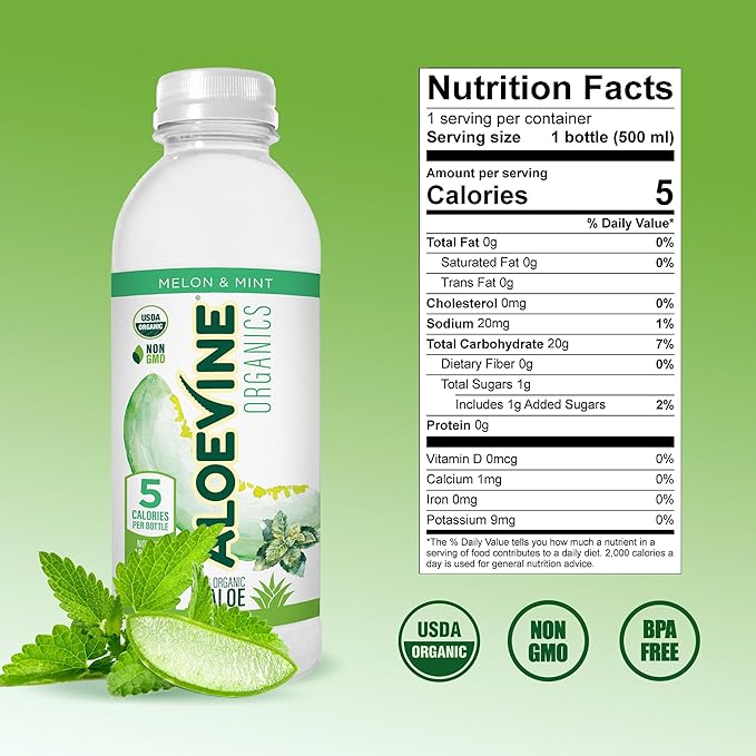 Aloevine Organics No-Pulp Organic Aloe Vera Drink Healthy with Aloe Powder Lemon Juice 5 Calories Low Sugar No Artificial Ingredients 16.9 oz 12 Pack Melon Mint
