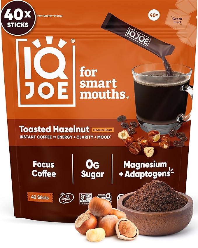 IQJOE Mushroom Coffee Packets (40 Servings) Lion’s Mane Magtein Magnesium Antioxidants Adaptogens - Toasted Hazelnut - Instant Coffee for Focus Clarity Mood Energy Boost - Sugar Free Vegan