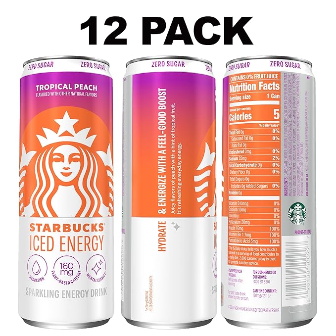 Starbucks Iced Energy Drink Tropical Peach Zero Sugar Energy Drink Plant Based Caffeine Hydration Mental Clarity 12 Fl Oz Cans (Pack of 12)