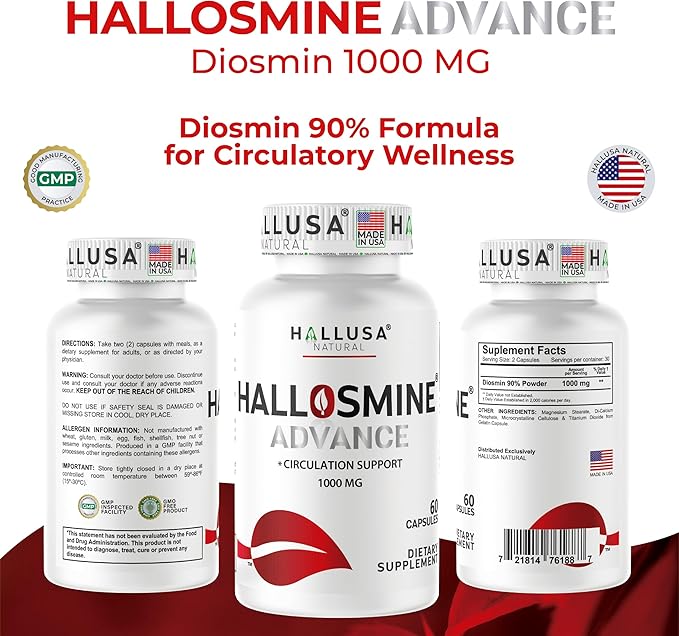Hallosmine Advance 1000mg Diosmin Capsules – Max Strength Circulation &amp Vein Support Supplement Vascular Health Visible Veins Spider Veins Blood Flow Swelling &amp Heavy Legs 60 Count