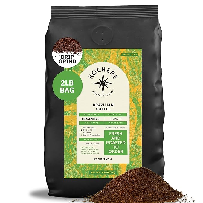 Brazilian Santos Medium Roast Coffee Beans - 2LB Single Origin Arabica Specialty Coffee Drip Grind Freshly Roasted to Order Fair Trade