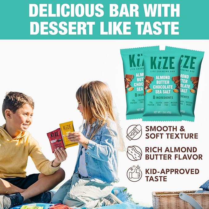 KiZE Energy Bars - Almond Butter Chocolate Sea Salt - Gluten Free Dairy Free Non-GMO &amp High Protein Meal Replacement Energy Bars Clean Food Ingredients - 10g High Protein Snacks (20 Count)