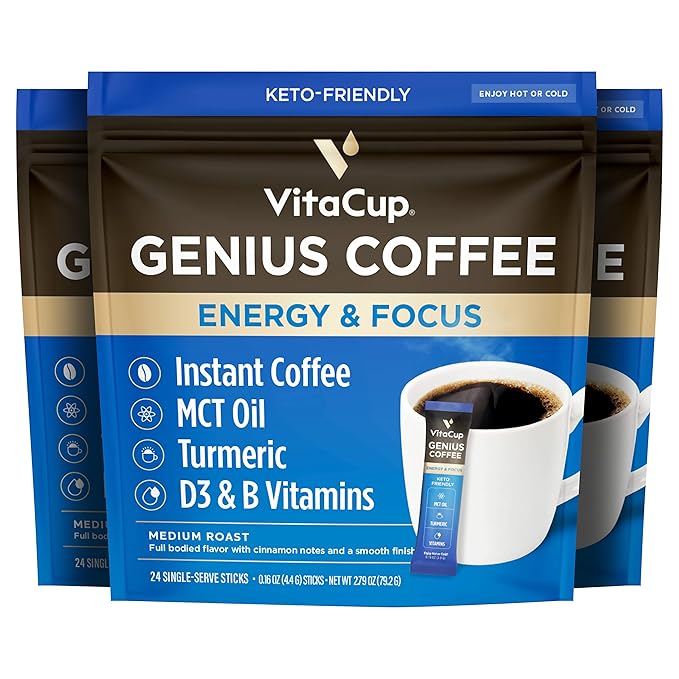 VitaCup Genius Instant Coffee Packets Increase Energy &amp Focus Keto Coffee Serve Hot or Cold Brew MCT Oil Turmeric B Vitamins D3 Bold &amp Smooth100% Arabica Coffee in Single Serve Sticks