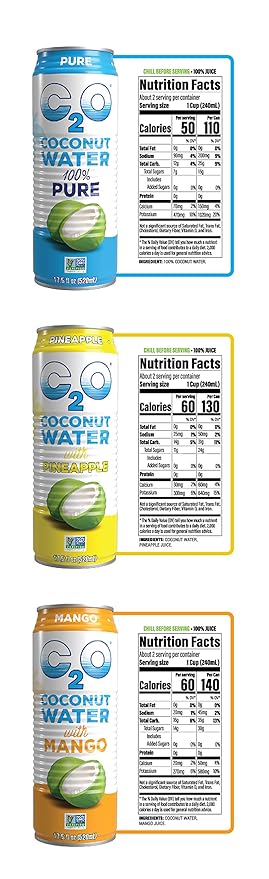 C2O Pure Coconut Water Variety Packs | Natural Electrolytes Healthy Sport Drink Alternative Non-GMO Gluten Free Plant Based No Added Sugar (Tropical 12 Pack)
