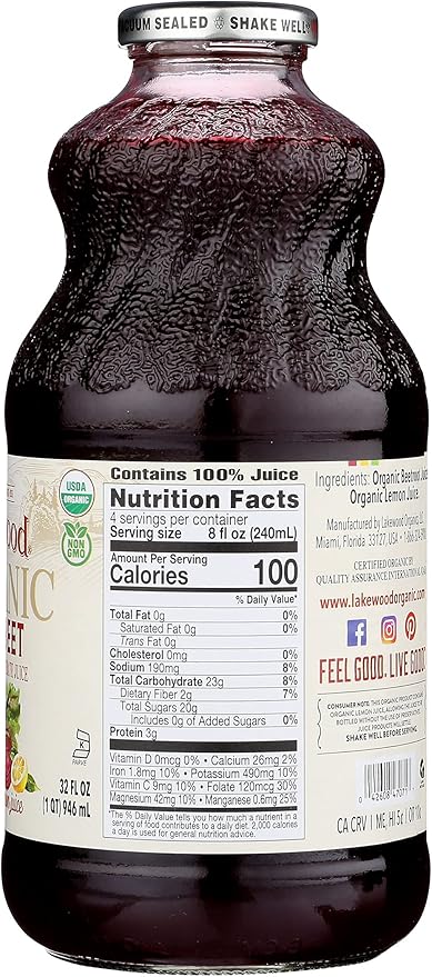 Lakewood Organic Pure Beet Fresh Pressed Beetroot BottleCan 32 Fl Oz Pack of 6