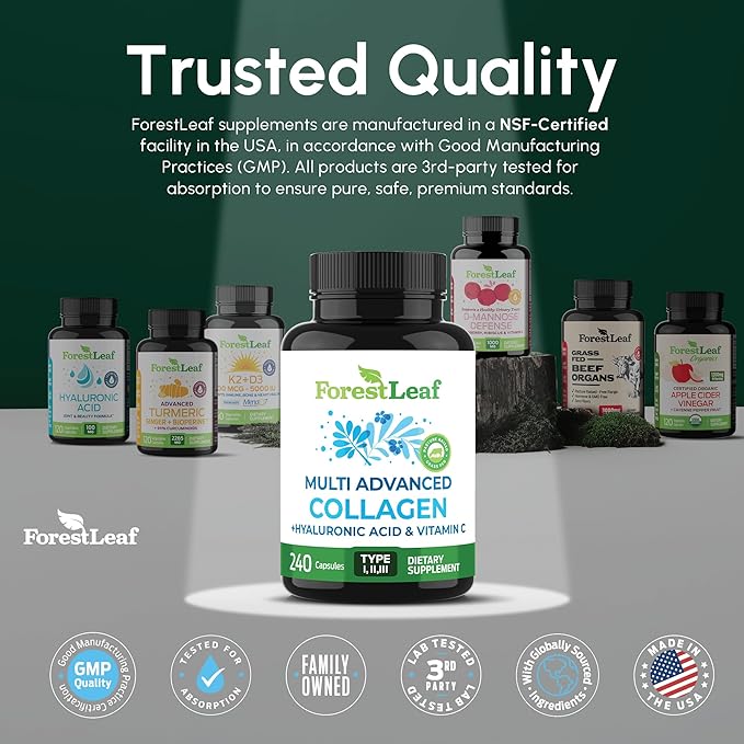 ForestLeaf Multi Collagen Pills - Collagen Men &amp Collagen Women - Hydrolyzed Collagen Supplements with Vitamin C &amp Hyaluronic Acid - Collagen Capsules for Hair Skin &amp Nails (240 Peptide C