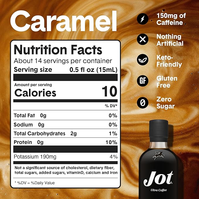 Jot Coffee Concentrate (Caramel) High Caffeine Cold Brew Coffee Concentrate Liquid for Iced Coffees Instant Espresso Hot or Cold Instant Coffees - Makes 14 Cups 150mg Caffeine/Tbsp Sugar Free