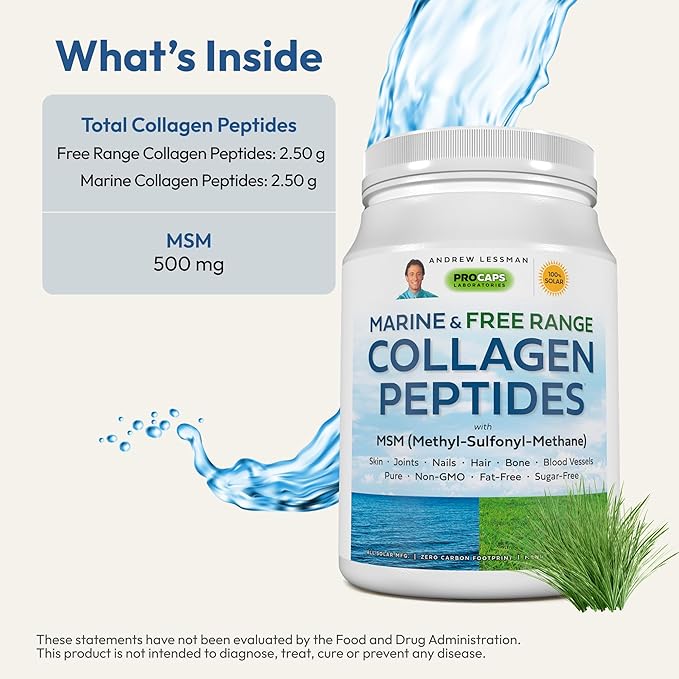 ANDREW LESSMAN Marine Free Range Collagen Peptides Powder and MSM 60 Servings - Supports Radiant Smooth Soft Skin Comfortable Joints. Super Soluble No Fishy Flavor No Additives Non-GMO