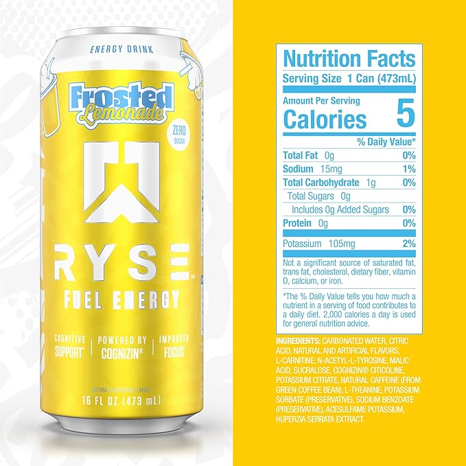 RYSE Fuel Energy Drink - Frosted Lemonade - Sugar Free - 200mg Natural Caffeine New Formula to Supports Cognitive Health &amp Improves Focus - No Artificial Colors - 16 fl oz Cans (12-Pack)