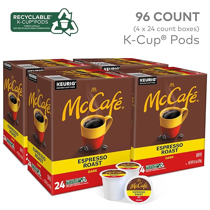McCafe Espresso Roast Coffee Keurig Single-Serve K-Cup Pods 96 Count (4 Packs of 24) Dark Roast Made with Arabica Beans Bold Flavor with Bittersweet Chocolate &amp Toasted Nut Notes