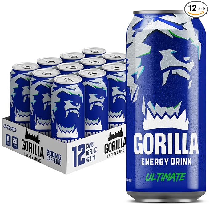 Gorilla Energy Original Energy Drink Zero Sugar &amp 200mg Natural Caffeine L-Theanine Taurine Ginseng Acetyl L-Carnitine B Vitamins Sugar Free and No Artificial Colors 16 oz Cans 12 Pack