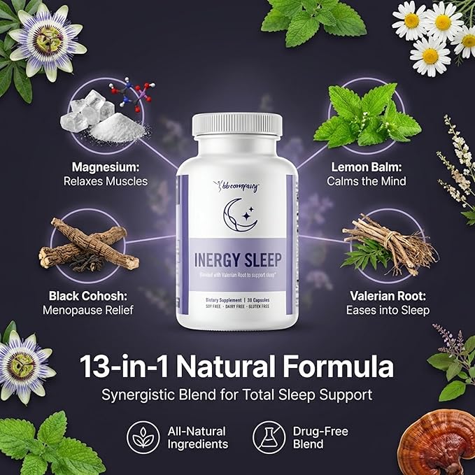BB Company inergySLEEP | Natural Sleep Supplement &amp Sleep Aid for Deep Sleep Helps to Calm &amp Relax | Magnesium Lemon Balm Black Cohosh GABA Holy Basil | Packaging Vary | 30 Ct