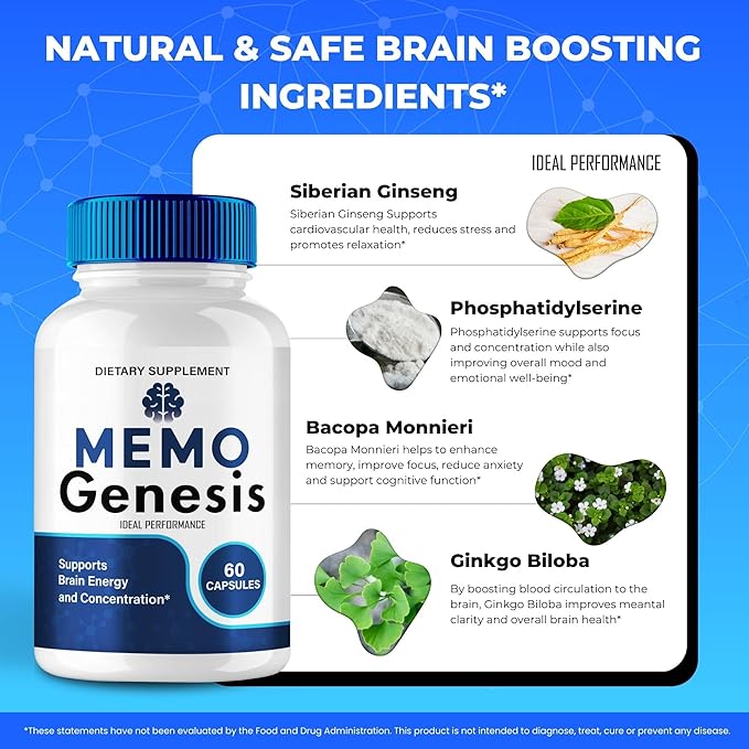 Memo Genesis Capsule Official Memo Genesis Reviews Brain &amp Memory Supplement Pills Advanced Formula Nootropic Pills Brain Health Support &amp Cognitive Health MemoGenesis Capsules (3 Pack)