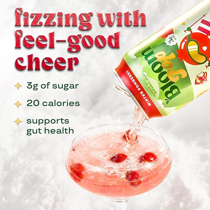 Bloom Pop Prebiotic Soda 12 Pack Winter Pomberry Flavor 12oz Cans | Prebiotic Soda for Gut Health Low Calorie Soda No Caffeine Healthy Soft Drink Alternative