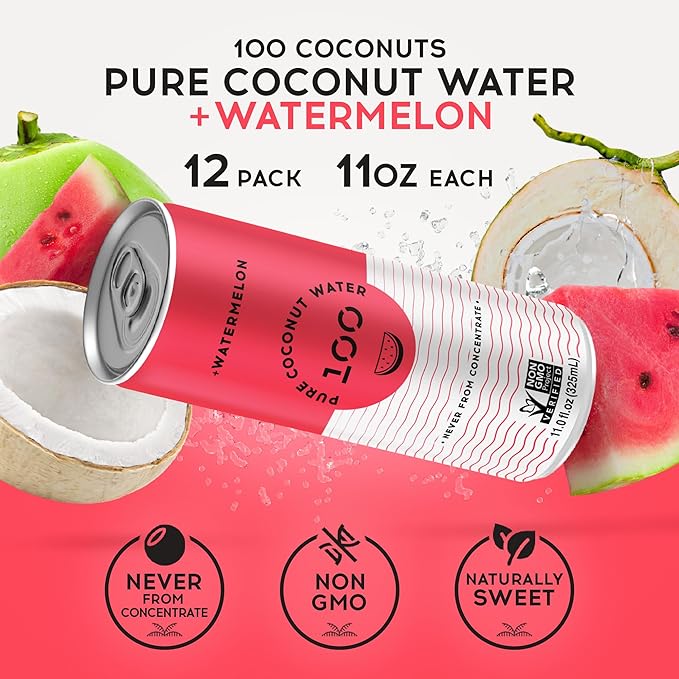 100 Coconuts Watermelon Pure Coconut-100% Pure Coconut Water - Low Calorie All-Natural Drink with Electrolytes - Naturally Sweet no preservatives- Non-GMO 11 fl oz Pack of 12 (Pure Coconut Water)