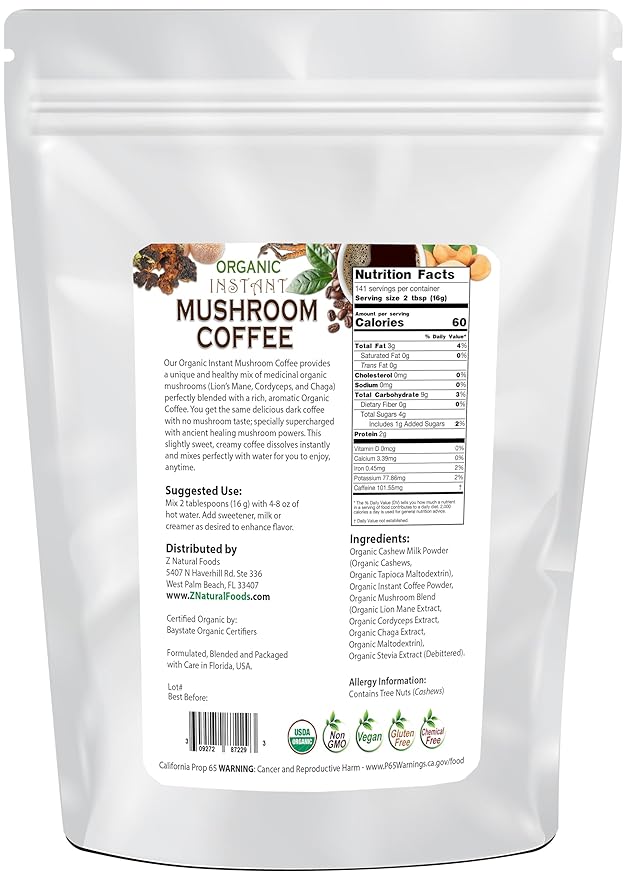 Organic Mushroom Coffee Bulk 5 lb - Instant Superfood Mix of Lion’s Mane + Cordyceps + Chaga + Coffee - Lightly Sweetened With Cashew Milk + Stevia - Vegan Gluten Free