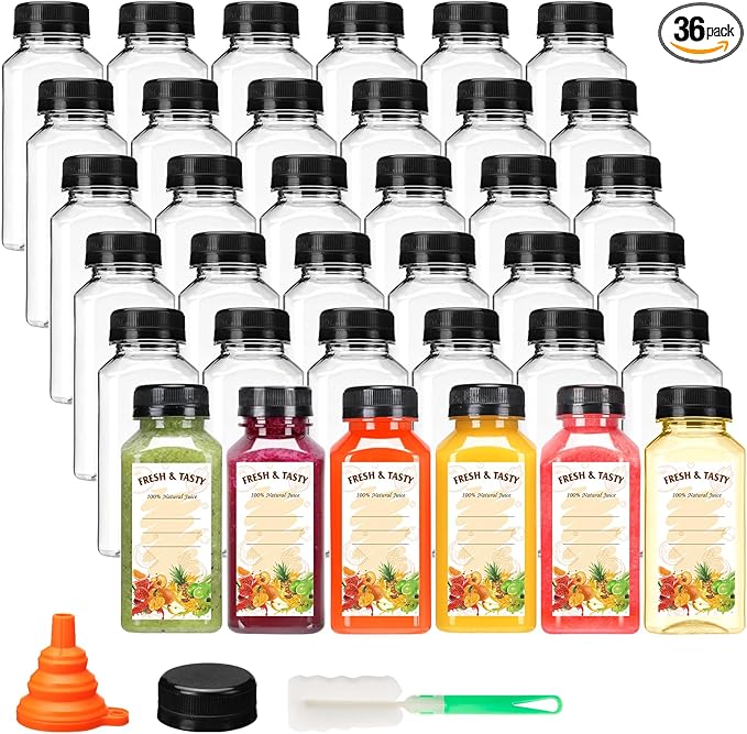 BAKHUK 36pcs 8oz Juice Bottles with Lids Food Grade Reusable Clear Containers with Black Tamper Evident Caps for Juice Milk and Other Beverages