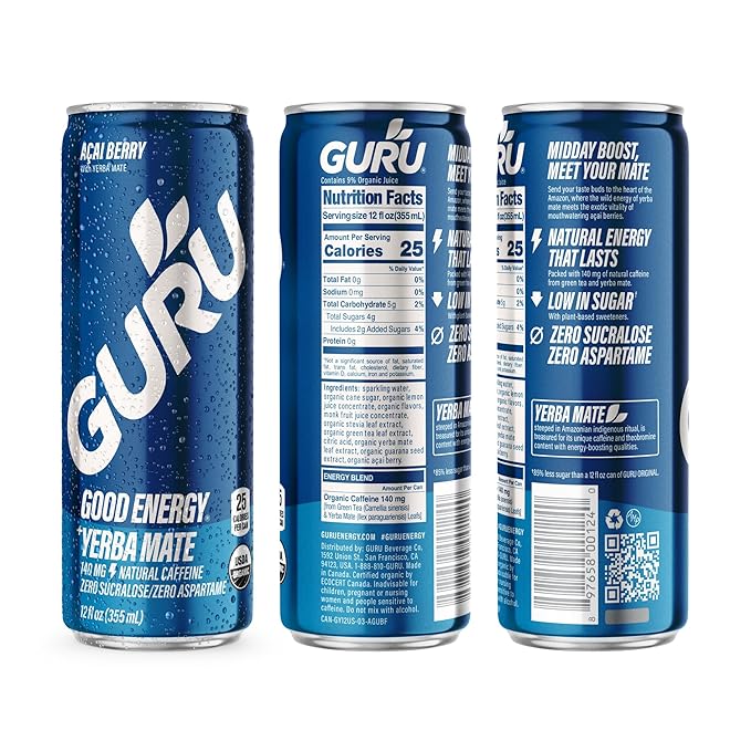 GURU Yerba Mate Organic Energy Drinks Clean Energy Drink with Plant Based Natural Caffeine from Green Tea Low Calorie Gluten Free 140mg Caffeine Healthy Drinks Acai Berry 12oz (Pack of 24)