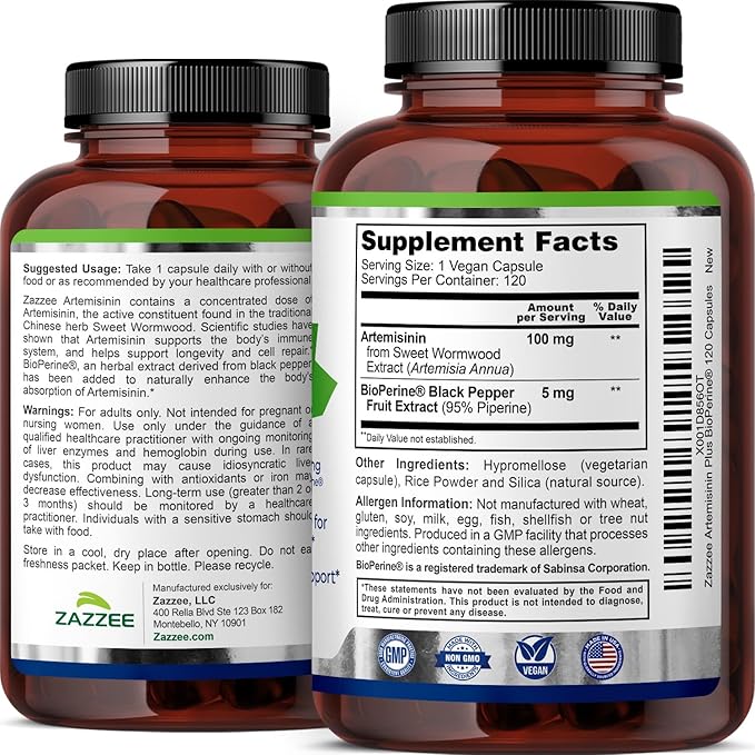 Zazzee High Absorption Artemisinin 100 mg per Capsule 120 Vegan Capsules with 5 mg BioPerine for Maximum Absorption Sweet Wormwood Extract 4 Month Supply All-Natural and Non-GMO (Pack of 2)