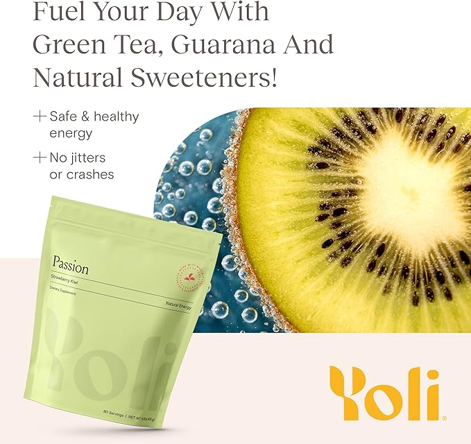 Yoli® Passion Energy Drink Powder Mix - Natural Energy Drink Mix for Endurance and Stamina Bulk 90 Servings - Kiwi Strawberry