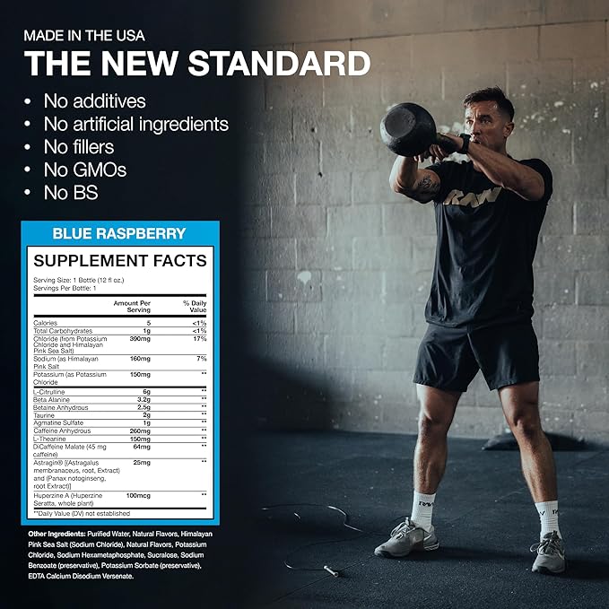 RAW Ready to Drink Pre-Workout Drink - BUM Thavage RTD Preworkout Shakes - Energy Supplement Drinks with Beta Alanine L-Citrulline &amp Caffeine - Zero Sugar (12 Pack Blue Raspberry)