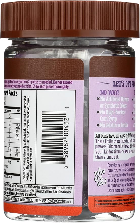 Good Day Chocolate Natural Calming Supplement for Kids Blend of Camomile L-Theanine Fair Trade and Non-GMO Chocolate 50 Pieces