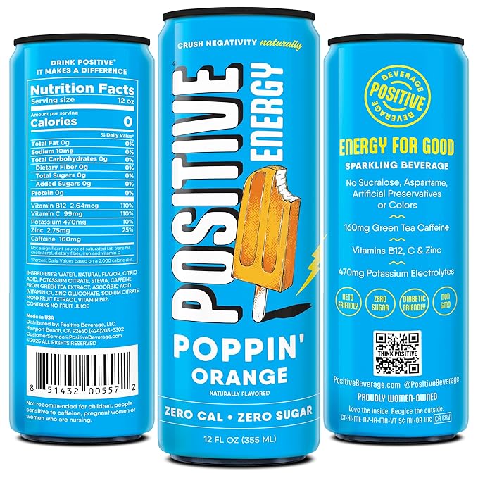 Positive Energy Drink - Poppin' Orange | Zero Sugar Zero Calorie 12oz Cans (Pack of 12) | Hydrating Electrolytes Immunity Support with Zinc Healthy Energy Boost