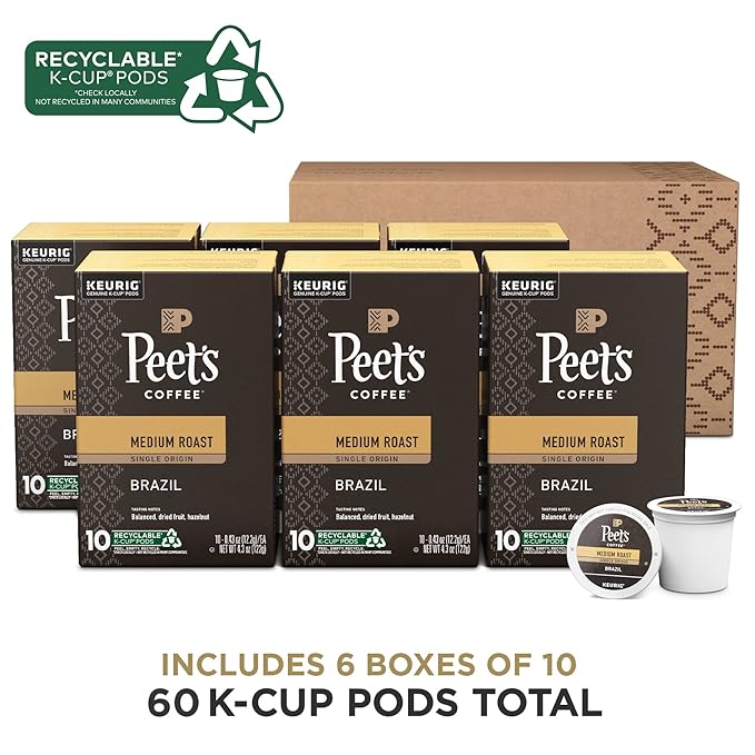 Peet's Coffee Medium Roast Keurig K-Cup Pods 100% Arabica Coffee - Single Origin Brazil 60 Count (6 Boxes of 10 K-Cup Pods)