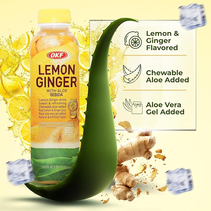 OKF Aloe Vera Juice Drink Lemon Ginger Pure with Chunks of Aloe Original 16.9 Fl Oz (Pack of 20) No Preservatives No Artificial Color Plant Based Korean Drinks