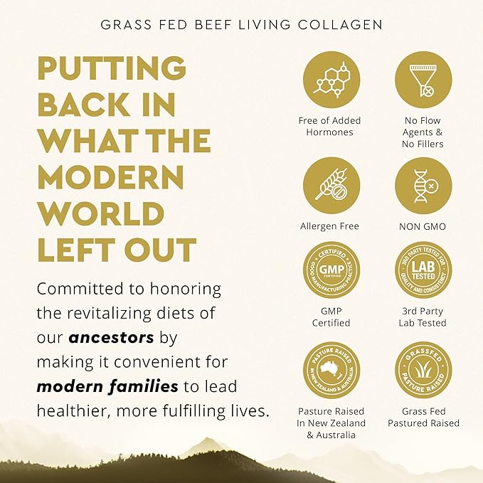 Ancestral Supplements Grass Fed Beef Living Collagen Nutritional Powder Supplement 3000mg Promotes Healthier Younger Looking Skin Hair Nails and Joints Type II 180 Capsules