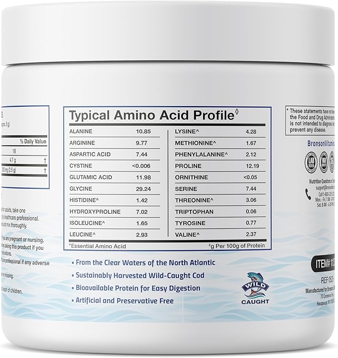 Bronson Marine Collagen Peptides Hydrolyzed Protein Powder 100% Wild Caught Nordic Cod Verified Sustainable Source for Joints Skin Hair Nails &amp Bones 150g (5.29oz)