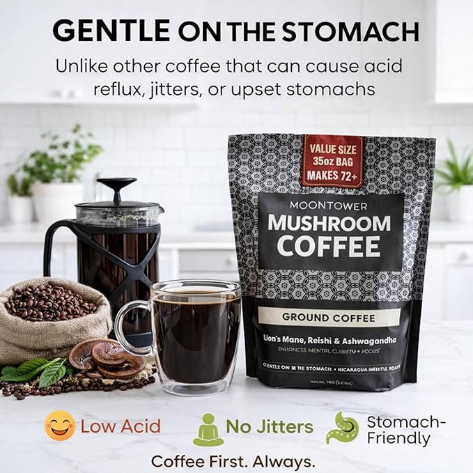 Moontower Adaptogen Mushroom Coffee Ground - Organic Mushroom Coffee with Lion's Mane Reishi &amp Ashwagandha Medium Roast Nicaraguan Beans for Focus &amp Clarity Energizing Balanced Brew - 35 oz