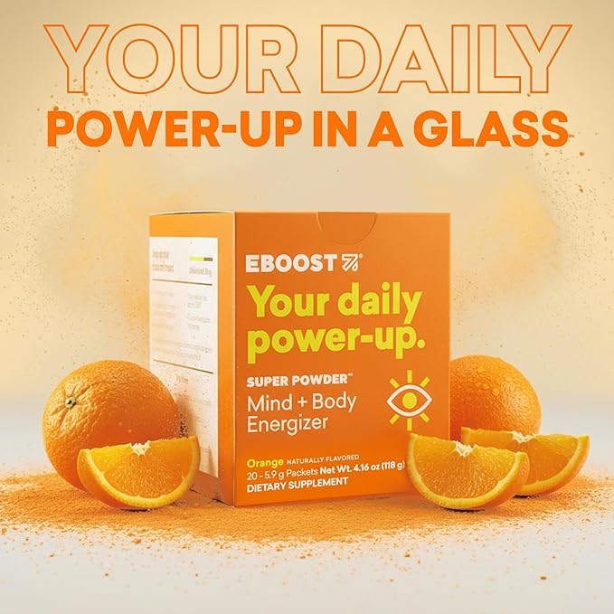 EBOOST Super Powder Drink Mix - Orange 0.2 oz 20 Pack Hydration Energizer Electrolytes Powder - 13 Vitamins &amp Minerals - 110 mg Caffeine - 0 Added Sugar - No Artificial Flavors or Sweeteners
